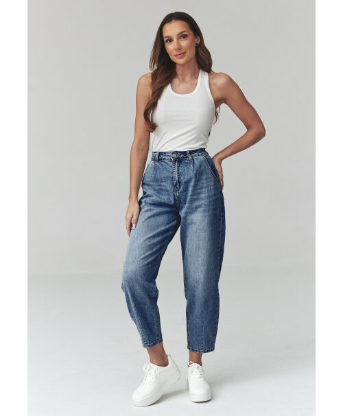 Moteriški mom fit džinsai su aukštu liemeniu mėlynai džinsiniai C52