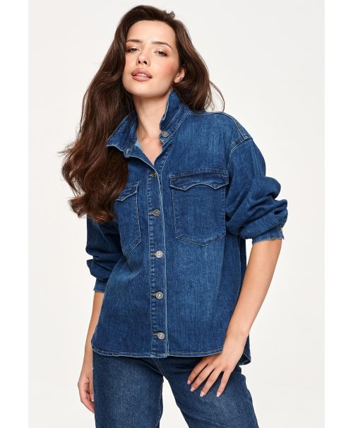 Koszula jeansowa damska – ciemny jeans, długi rękaw C71