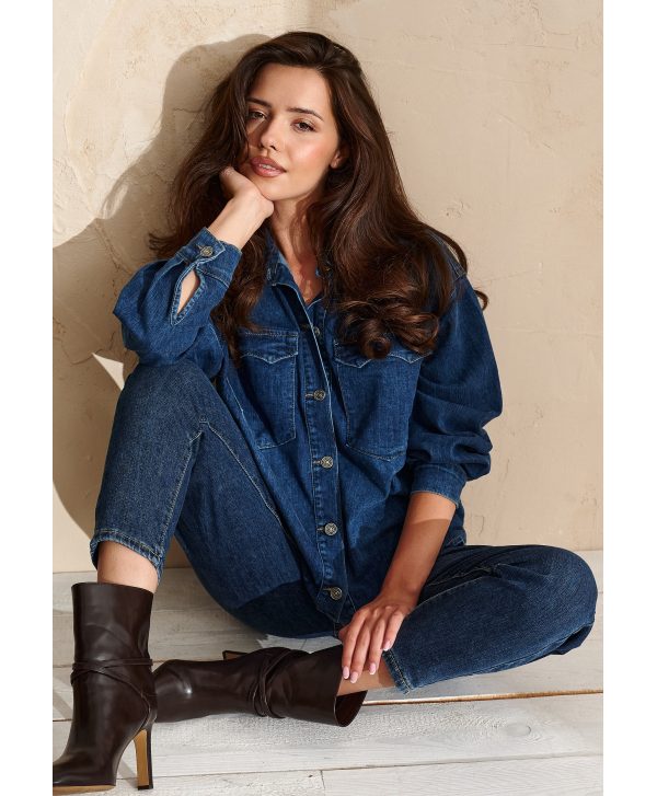 Koszula jeansowa damska – ciemny jeans, długi rękaw C71