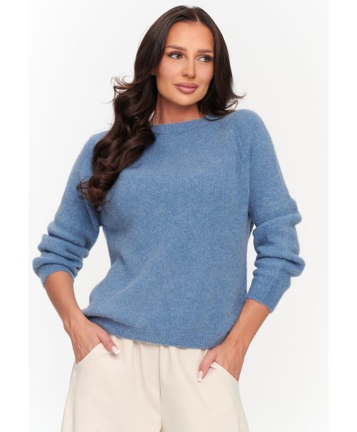 Miękki sweter damski z okrągłym dekoltem denim C80